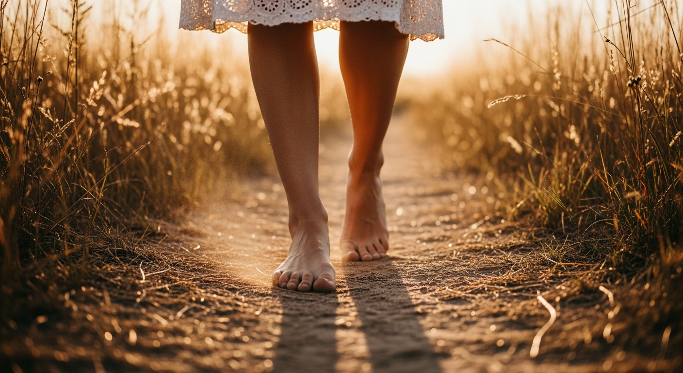 Woman's bare feet walking on a dirt path, enjoying barefoot living in nature for an 'enjoy barefoot blog' article.