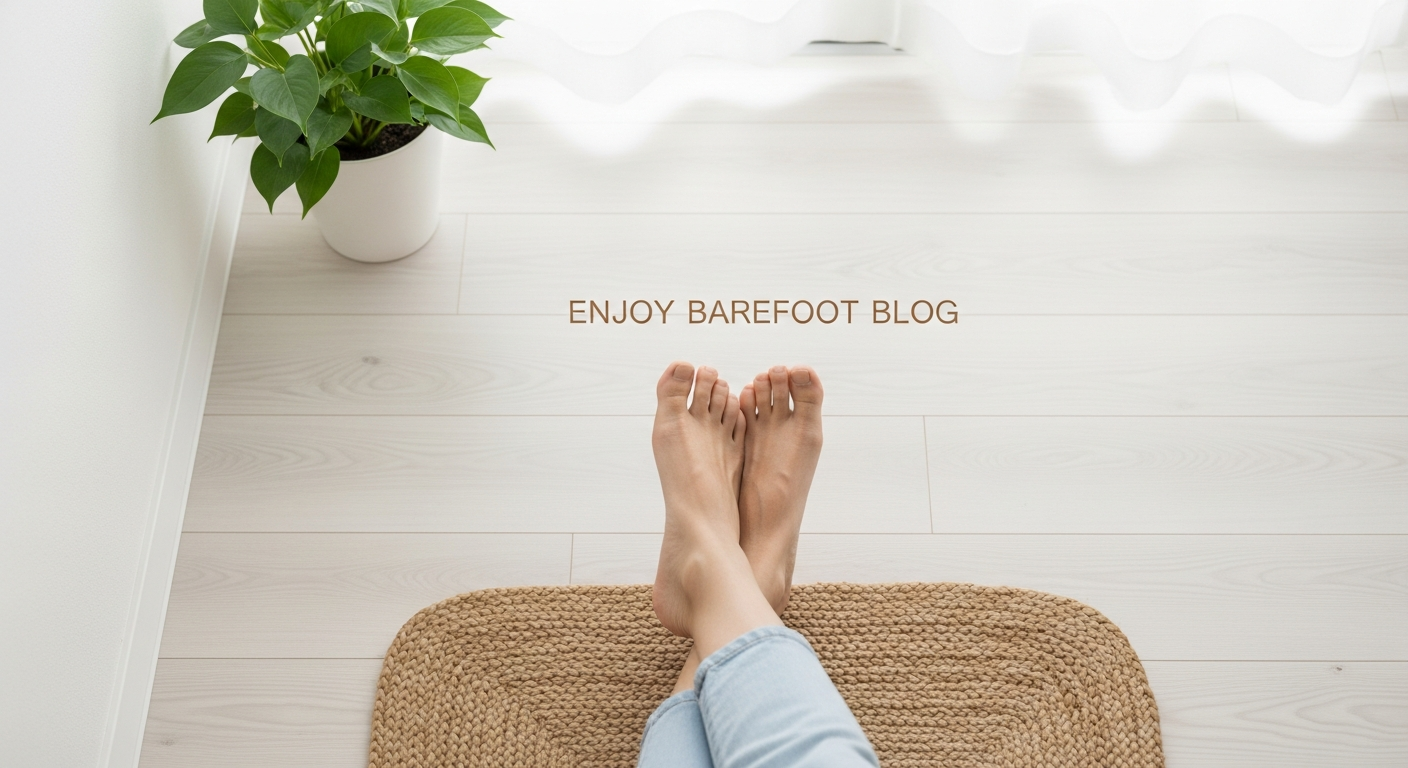 Bare feet relaxing on a natural fiber rug in a minimalist home, representing the comfort of barefoot living indoors for an 'enjoy barefoot blog' article.