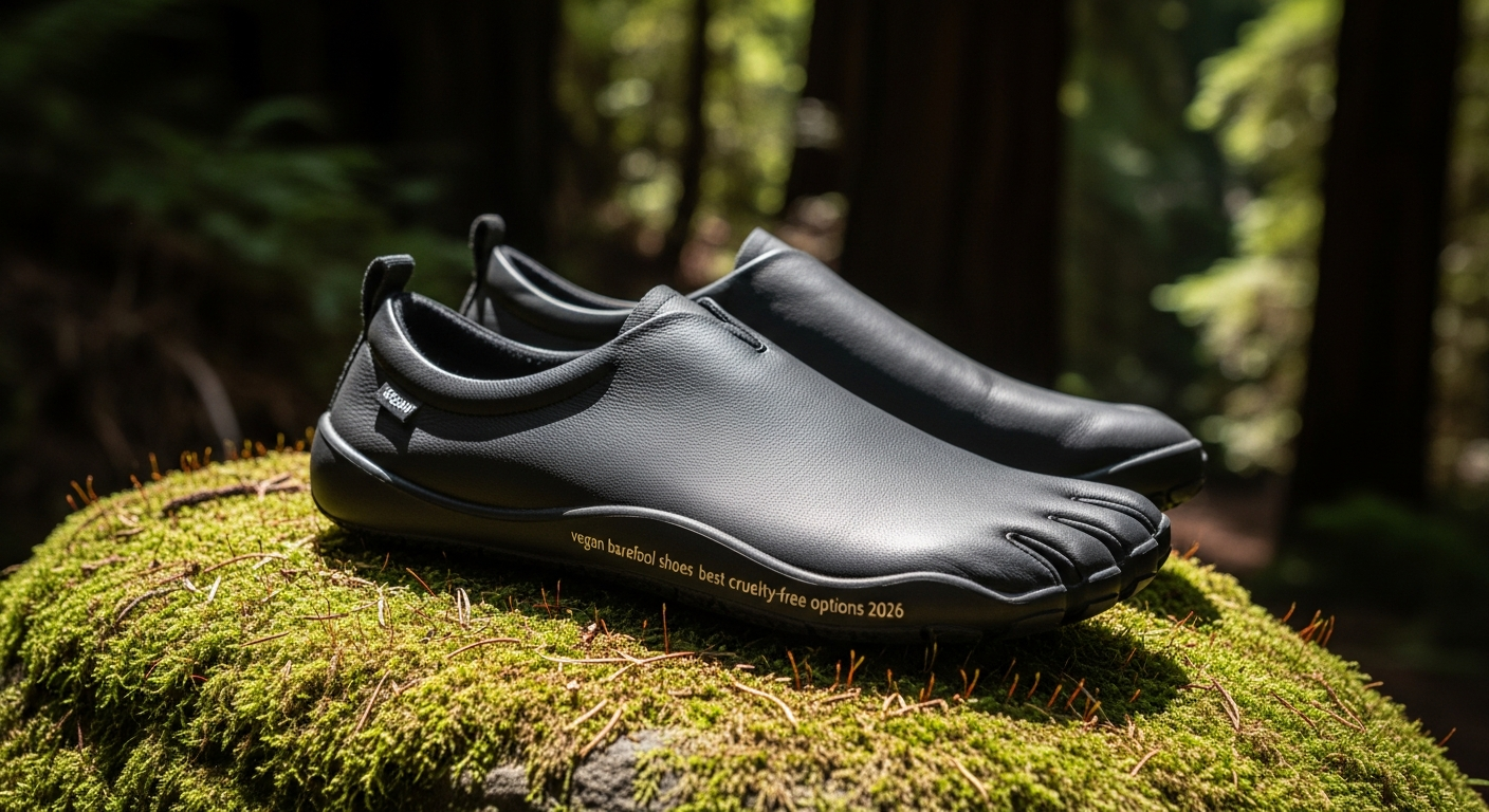 Black vegan barefoot shoes on a mossy rock in a forest, highlighting cruelty-free options for 2026.