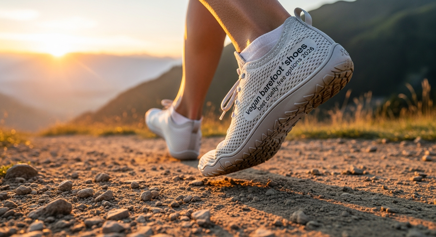 Person running in light grey vegan barefoot shoes on a mountain trail, showcasing best cruelty-free options for 2026.