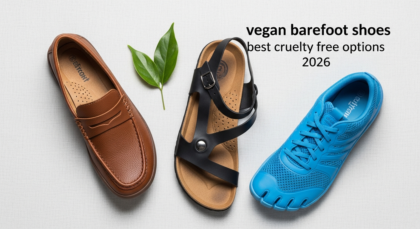 Flat lay of various vegan barefoot shoes including loafers, sandals, and athletic shoes, representing cruelty-free options for 2026.
