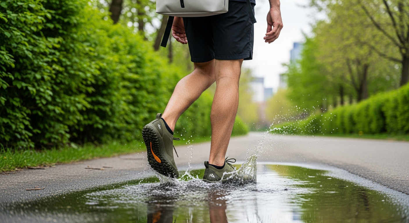 Person wearing olive-green waterproof barefoot shoes for everyday wear 2026 walking through a puddle on a park path, demonstrating their utility for urban commuters.