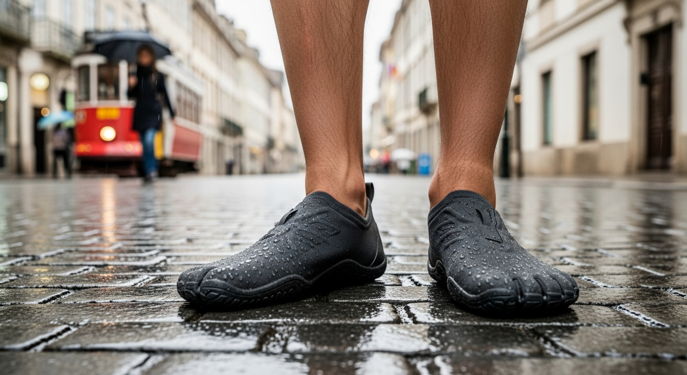 Close-up of waterproof barefoot shoes for everyday wear 2026 on a wet cobblestone street with rain reflecting on the surface, showcasing urban commuting.