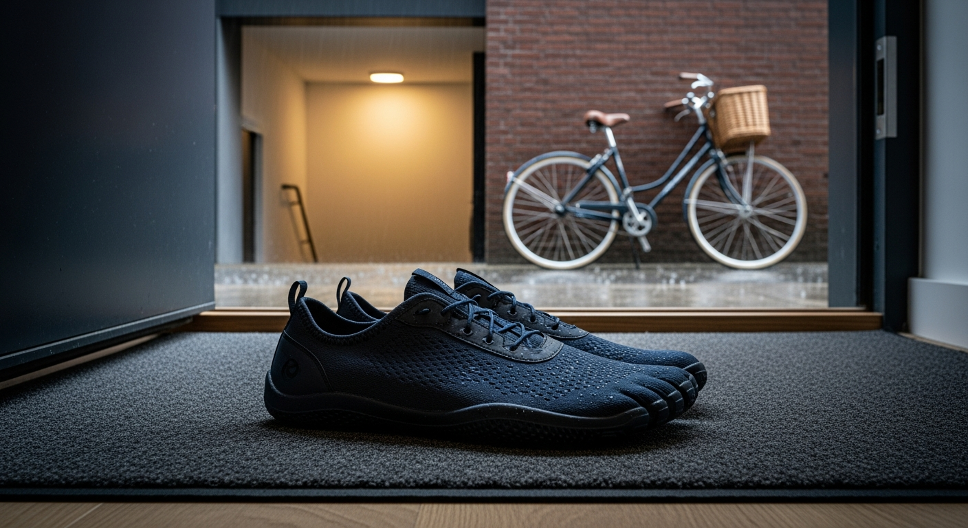 Navy-blue waterproof barefoot shoes for everyday wear 2026 resting on a doormat inside an apartment, with a wet city sidewalk visible outside, ready for an urban commute.