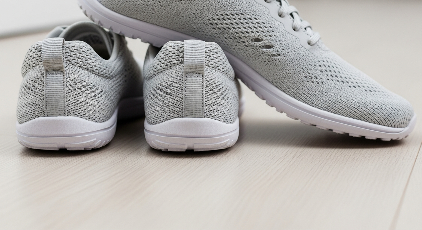 Close-up of new 'zero-drop' running shoes on a wooden floor, emphasizing the flat heel-to-toe profile to illustrate what is a 'zero-drop' shoe.
