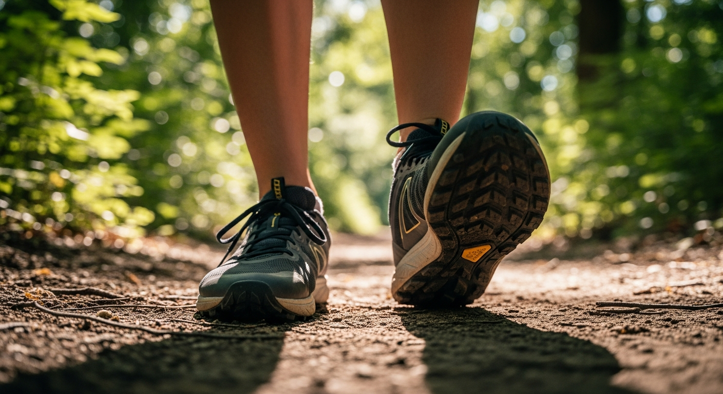 Person wearing 'zero-drop' trail running shoes standing on a dirt path in a forest, demonstrating the natural foot position and what is a 'zero-drop' shoe in use.