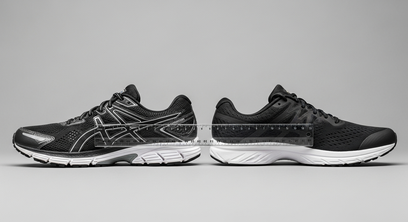 Side-by-side comparison of a traditional running shoe and a 'zero-drop' shoe with a ruler, visually explaining what is a 'zero-drop' shoe by contrasting heel elevation.