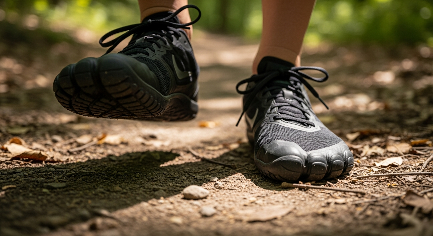 A pair of black minimalist running shoes on a forest trail, illustrating the point of minimalist shoes for natural foot movement.