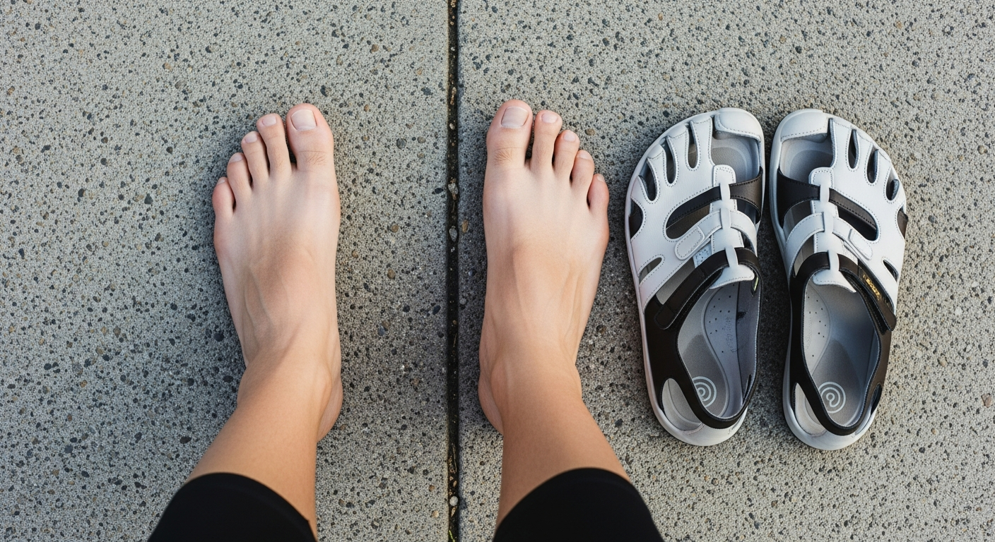 Bare feet demonstrating natural toe splay next to minimalist sandals, highlighting the point of minimalist shoes for foot health.