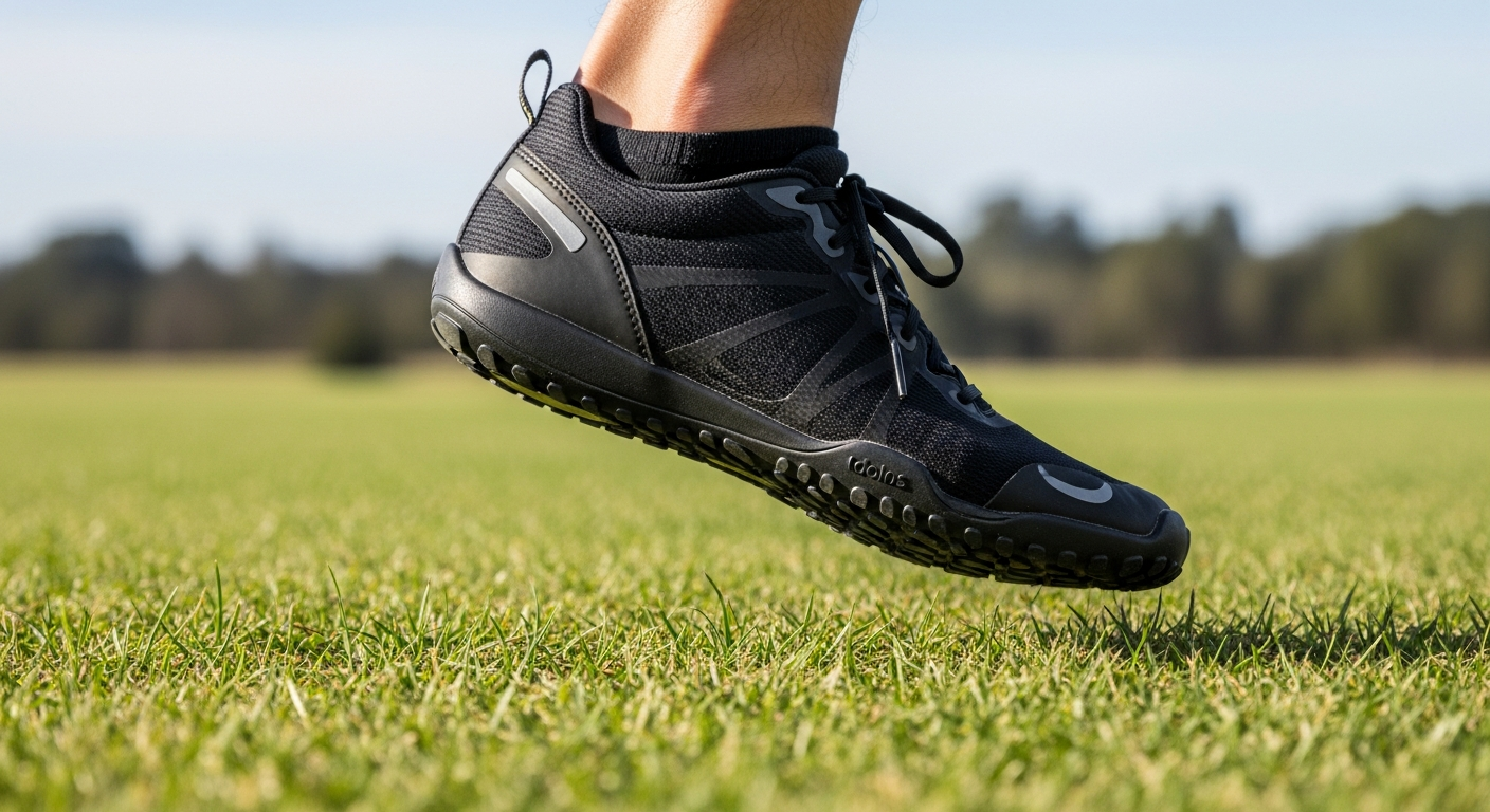 A foot in a zero-drop minimalist shoe landing on grass, illustrating the point of minimalist shoes for natural running form.