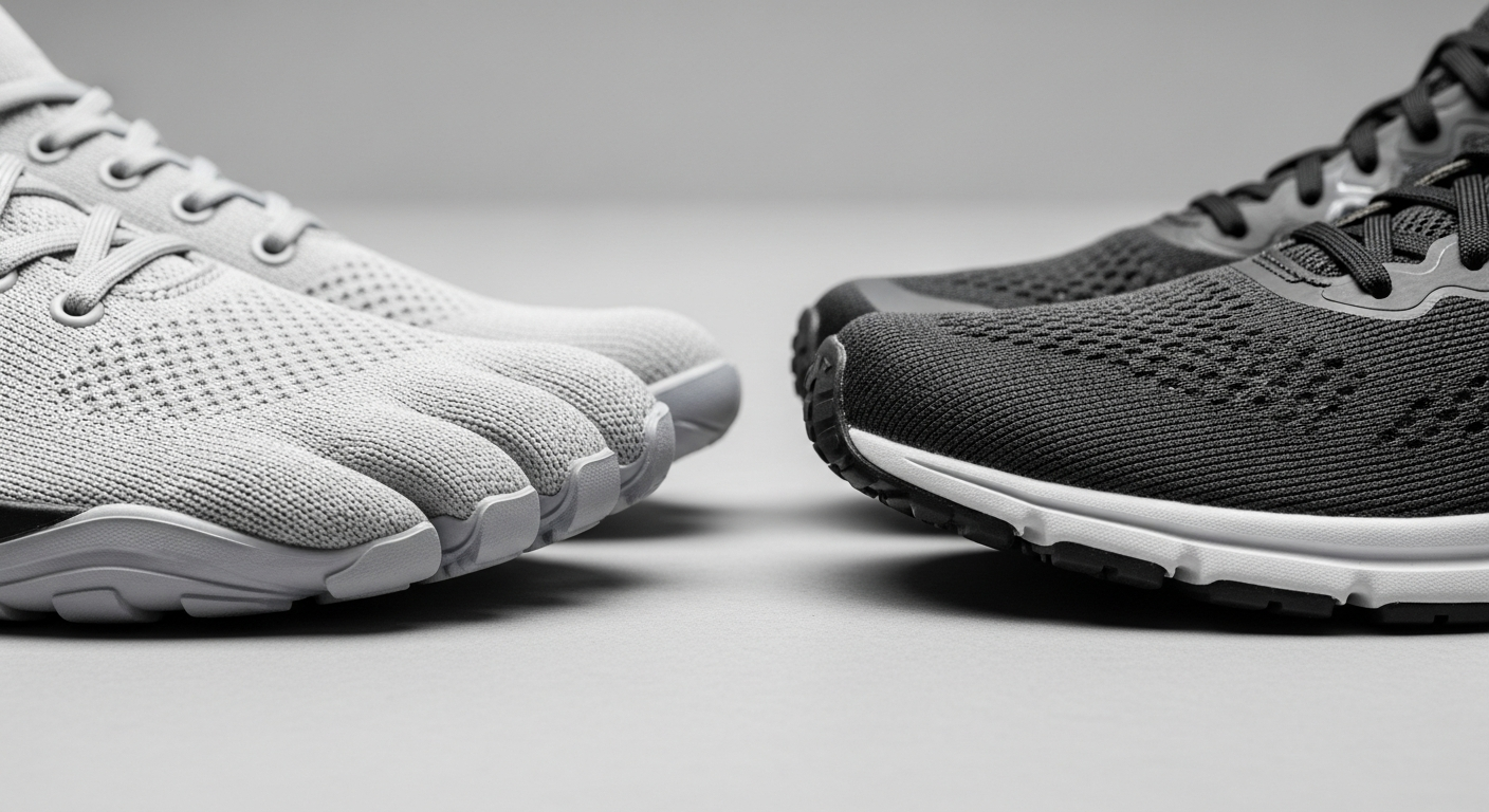 Comparison of a wide toe box athletic shoe and a regular tapered toe box athletic shoe, highlighting the difference in forefoot space for long term foot health.