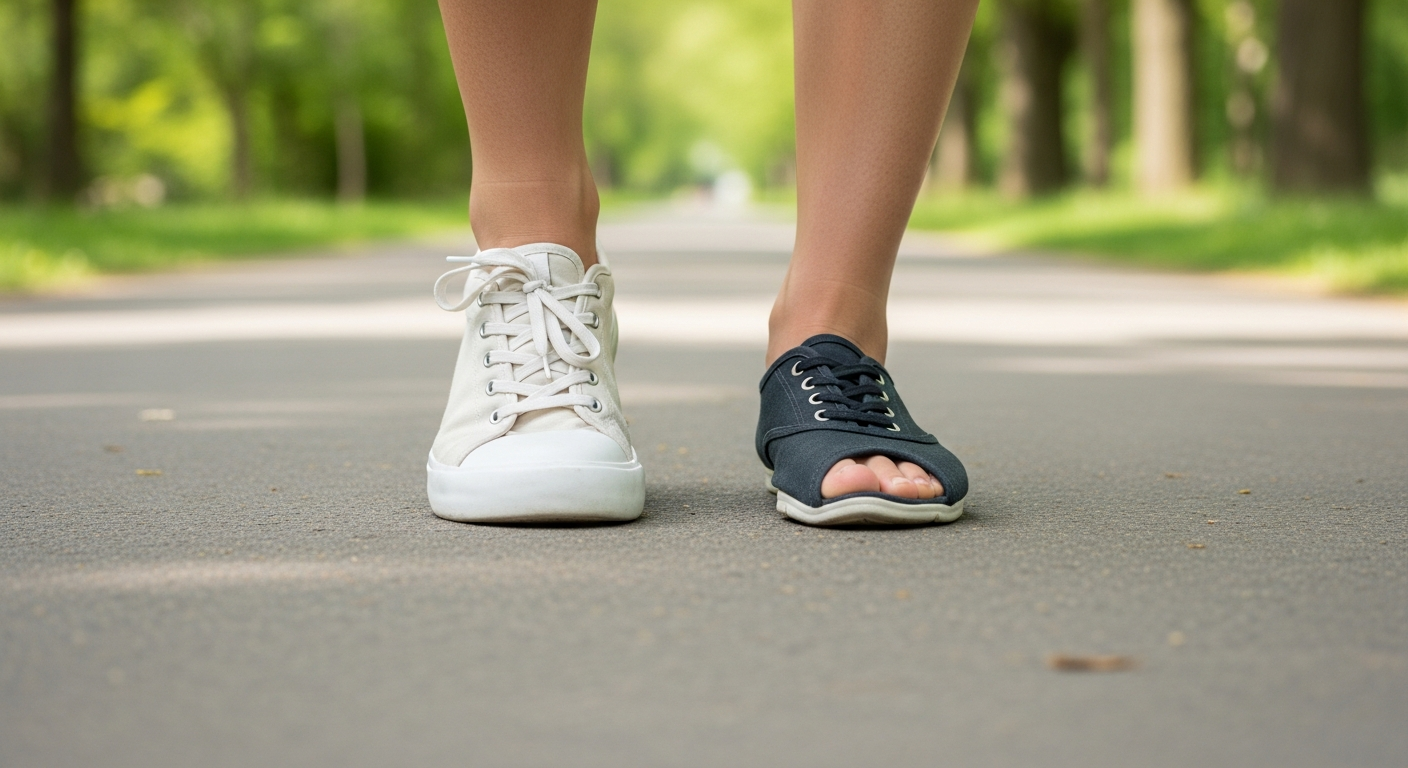 Person walking with one wide toe box shoe and one regular shoe, demonstrating the practical difference in toe comfort for long term foot health.