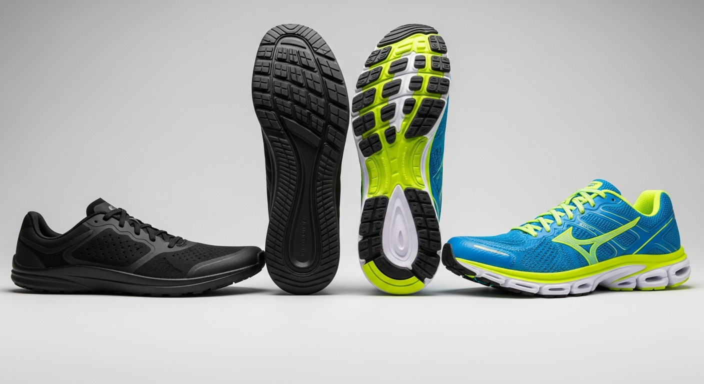 Comparison of zero drop shoes vs traditional running shoes, side by side, highlighting sole differences for running.