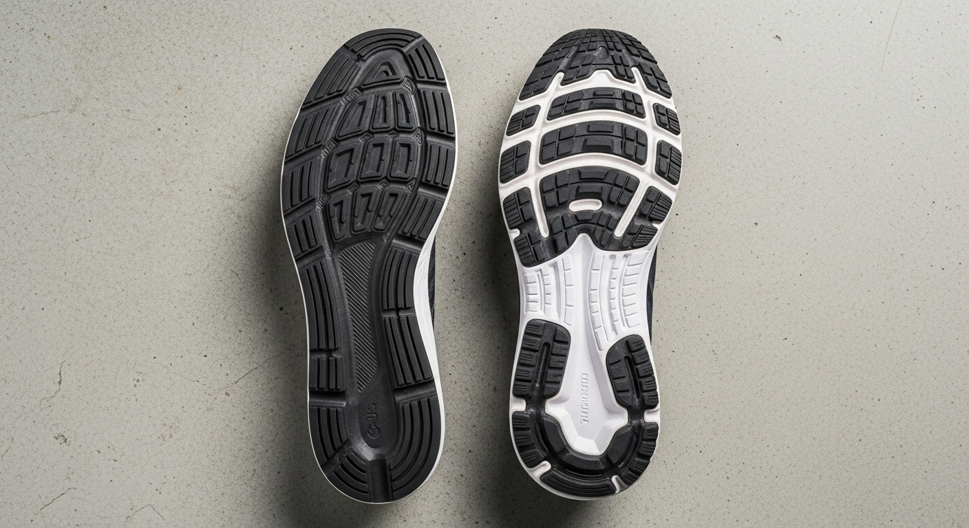 Detailed comparison of zero drop running shoe outsole vs traditional running shoe outsole, showing tread and heel differences.