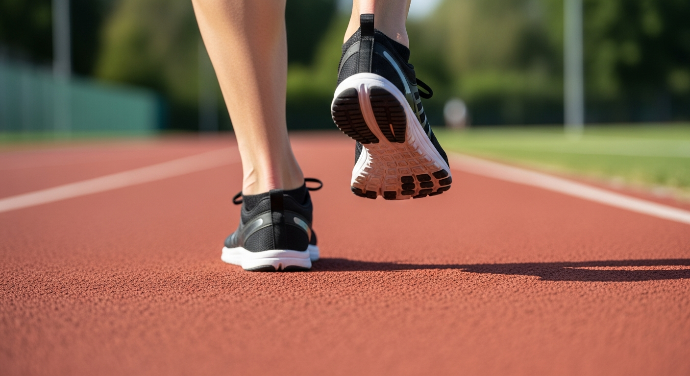 Runner's foot in zero drop running shoes mid-stride on a track, demonstrating natural foot strike.