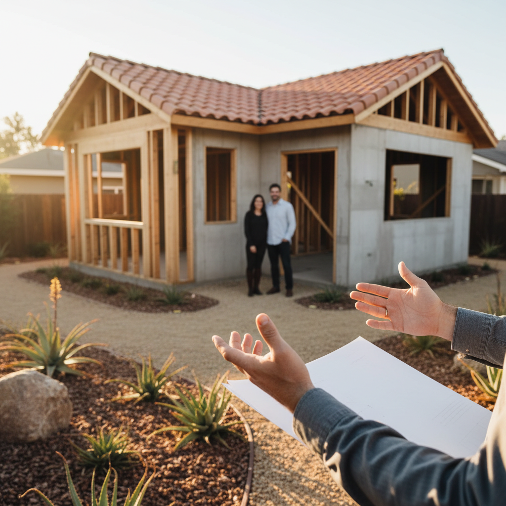 Arcadia ADU construction with architect and homeowners, showcasing modern Mediterranean design and warm California light.