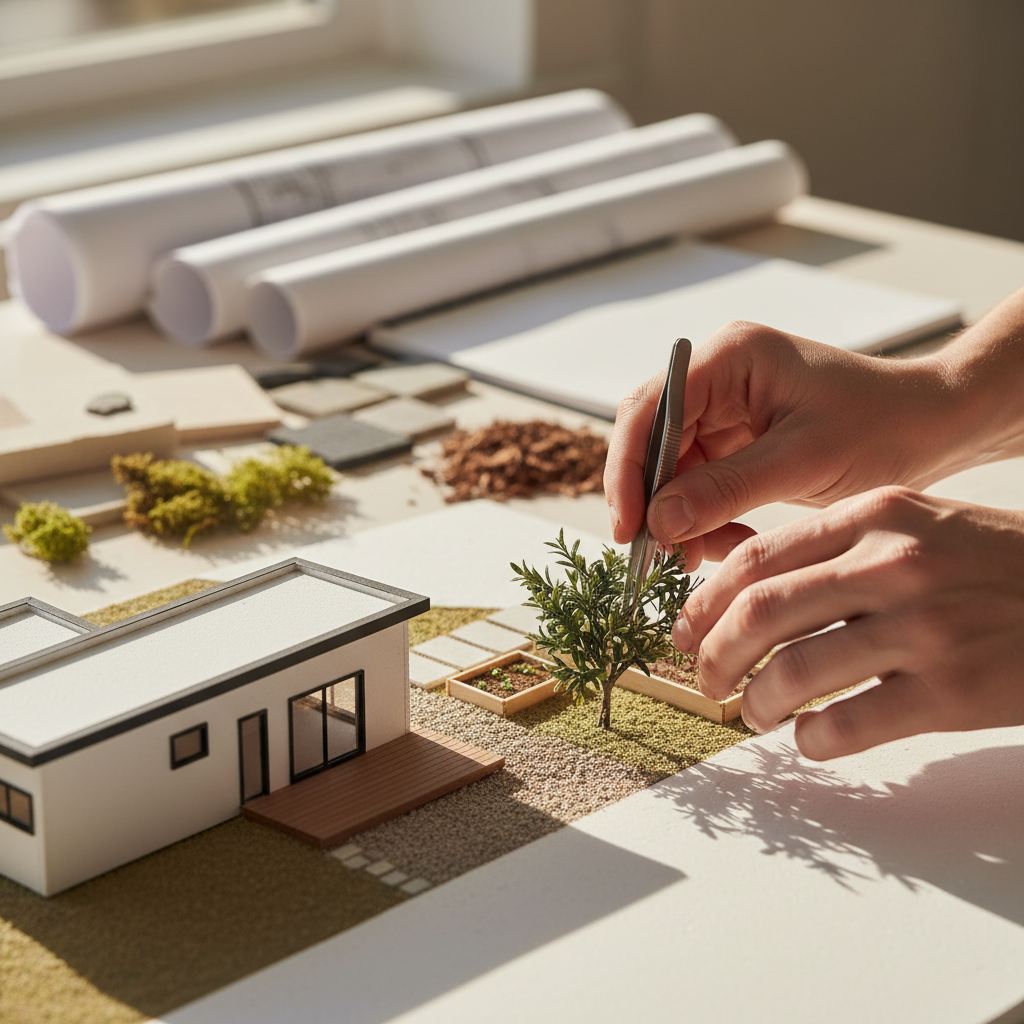 Hands designing an ADU landscape with a miniature olive tree, representing successful Arcadia Accessory Dwelling Unit planning.