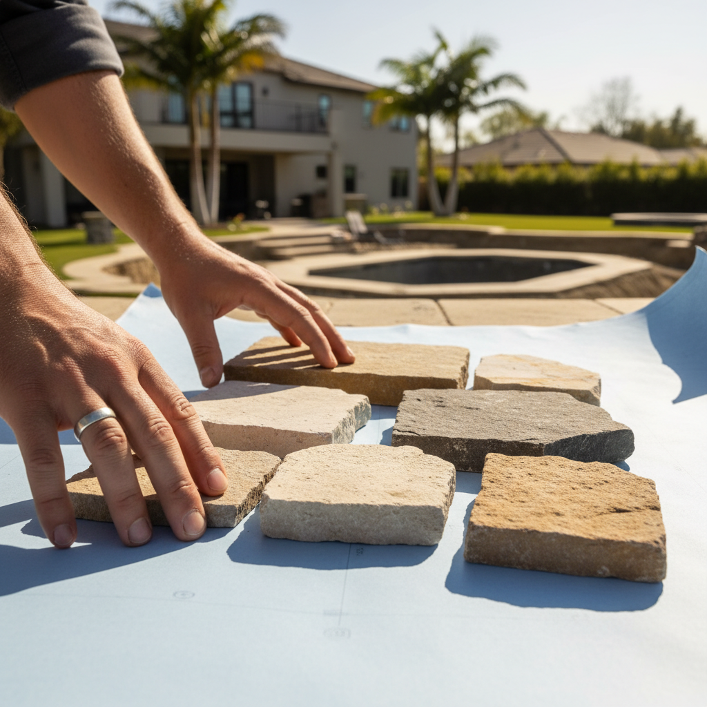 Hands of a landscape architect choosing stone coping for a pool deck, illustrating material costs for a Los Angeles swimming pool.