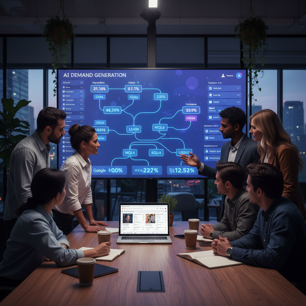 A marketing team reviews an ai demand generation funnel dashboard, analyzing conversion data to understand how to build a demand generation funnel with ai.