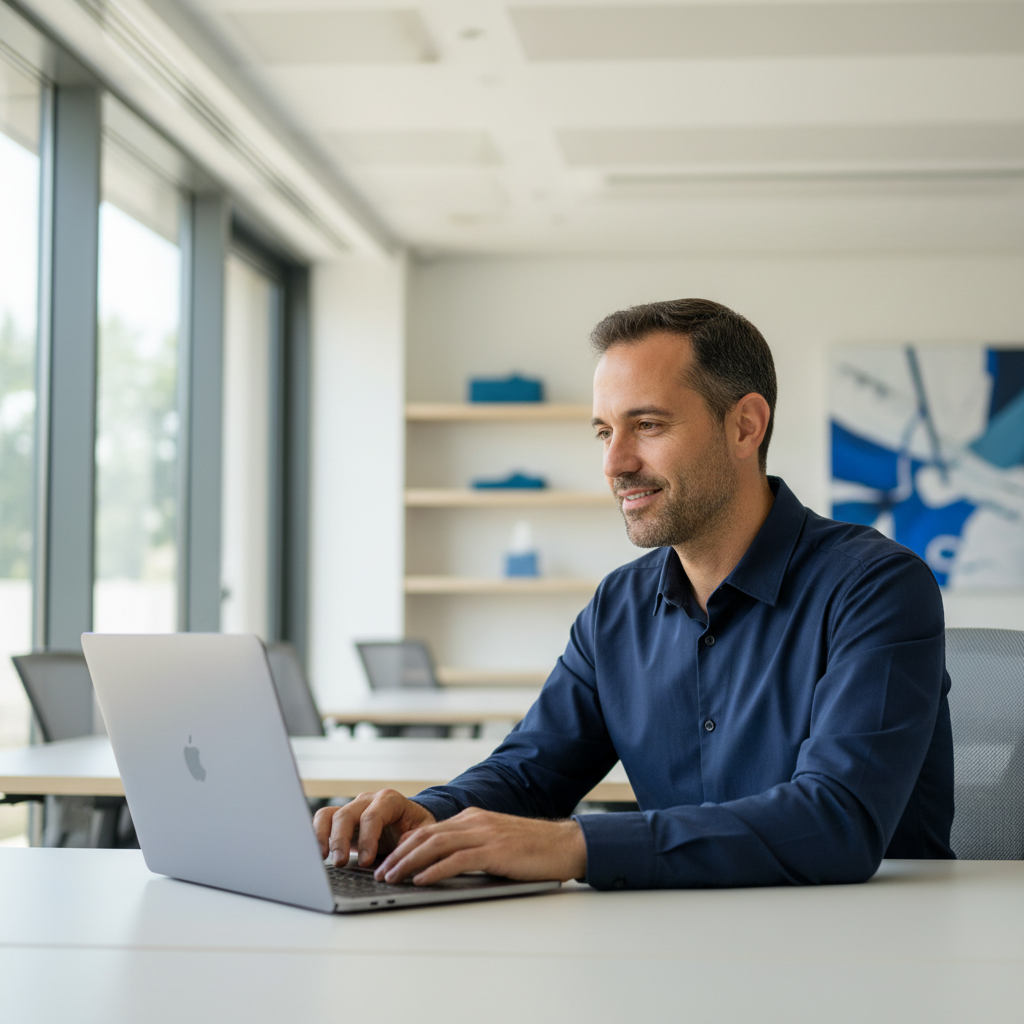 An Israeli SMB owner, mid-30s, sits at a desk in a modern office, hands on a laptop. Bright natural light, warm tones, and a thoughtful expression convey focus on business transfor