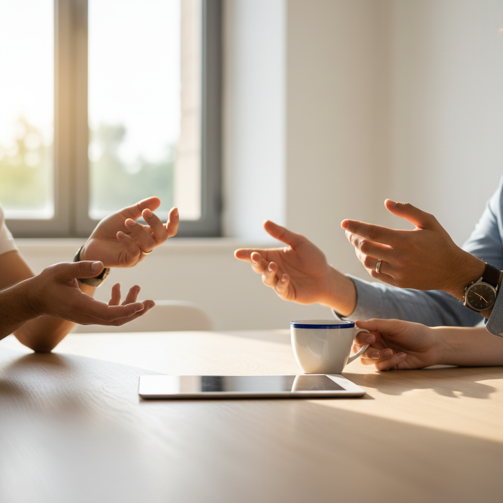 A close-up of diverse hands, mid-discussion, around a modern conference table. A coffee cup and tablet are visible, conveying collaborative problem-solving in a bright, minimalist 