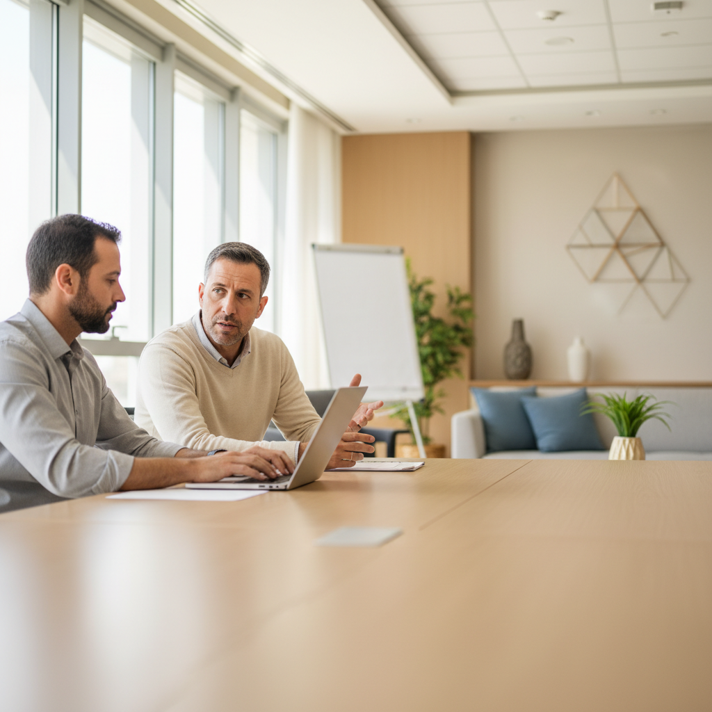 Two Israeli SMB owners in a bright, modern Tel Aviv office, one typing on a laptop, the other discussing, embodying focused collaboration.