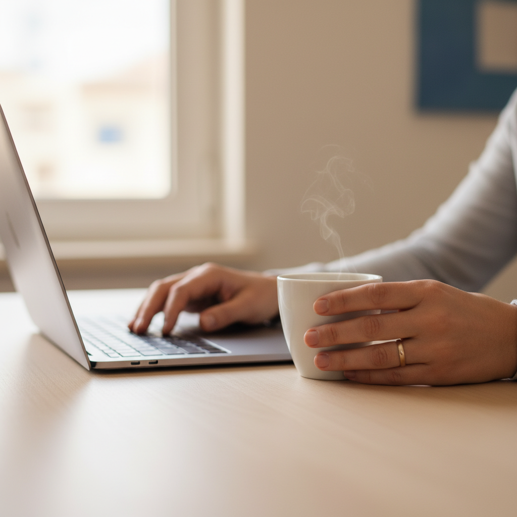 Close-up of hands holding a coffee cup next to a laptop on a clean desk, reflecting a thoughtful work moment in a modern office.