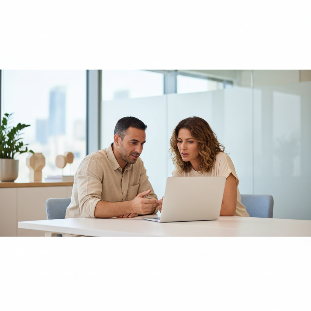 Two Israeli SMB owners, one man and one woman, collaborate in a bright, modern Tel Aviv tech office, discussing ideas around a laptop on a clean white desk.
