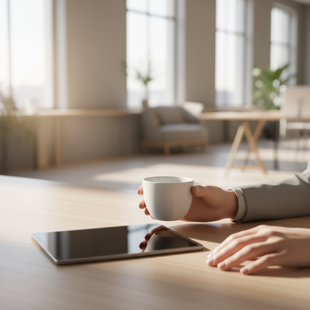 Close-up of hands, one holding a coffee cup, next to a tablet on a light wooden desk in a modern, sunlit office setting.
