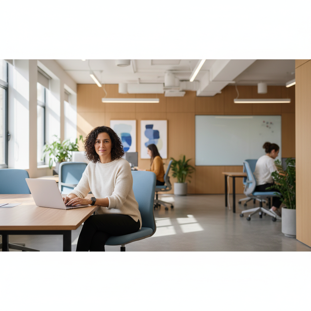An Israeli SMB owner in a modern Tel Aviv office, hands on a laptop, bathed in natural light.