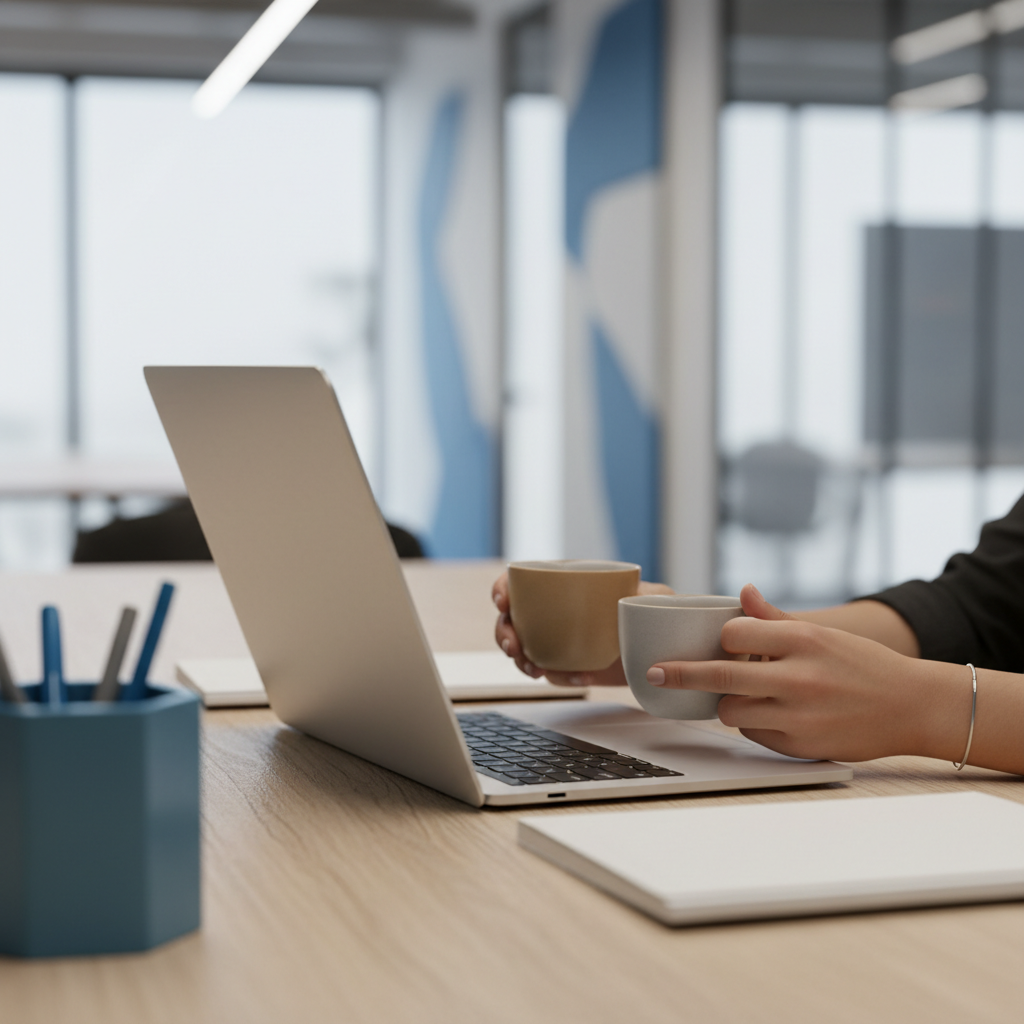 Two pairs of hands with coffee cups next to a laptop in a modern Tel Aviv office, suggesting a discussion.