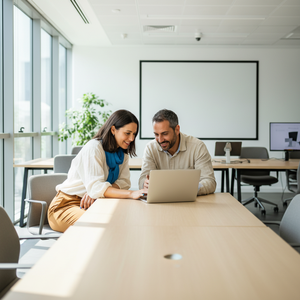 Two Israeli SMB owners, a man and a woman, collaborating on a laptop in a bright, modern Tel Aviv office.