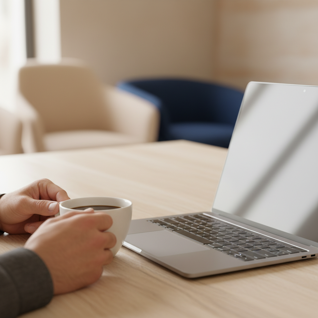 Close-up of an Israeli SMB owner's hands holding a coffee cup next to a laptop on a clean, modern desk.