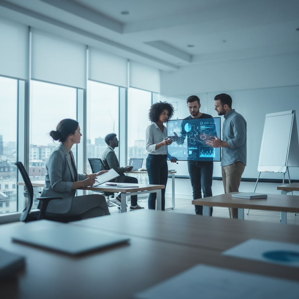 Diverse growth marketing team collaborates in a modern office, gesturing over an abstract performance marketing dashboard.