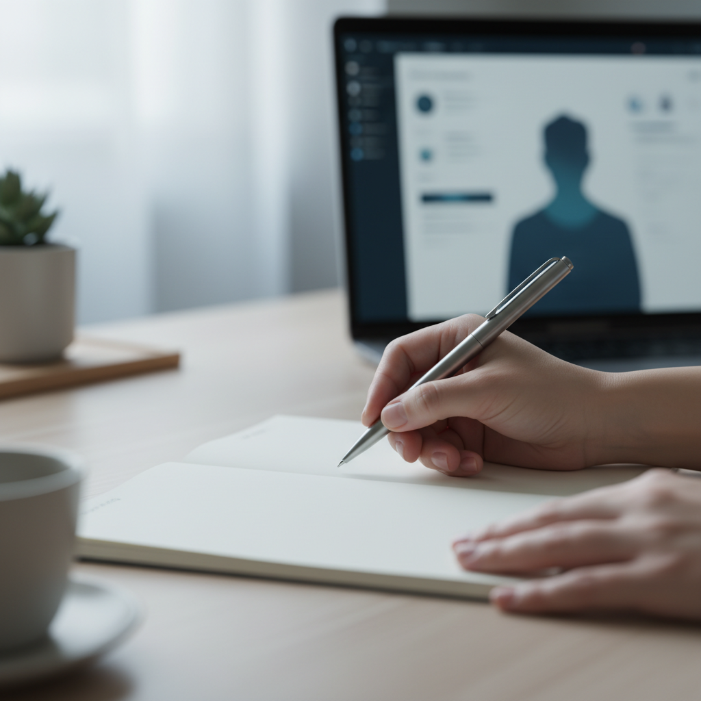 Close-up of hands with a pen over a blank notebook, with a blurred abstract dashboard on a laptop in the background.