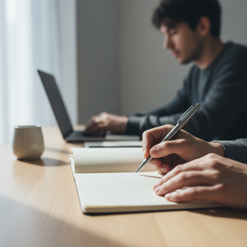 Close-up of hands with a pen over a blank notebook, symbolizing the meticulous planning involved in choosing the right marketing automation platform for a small business.