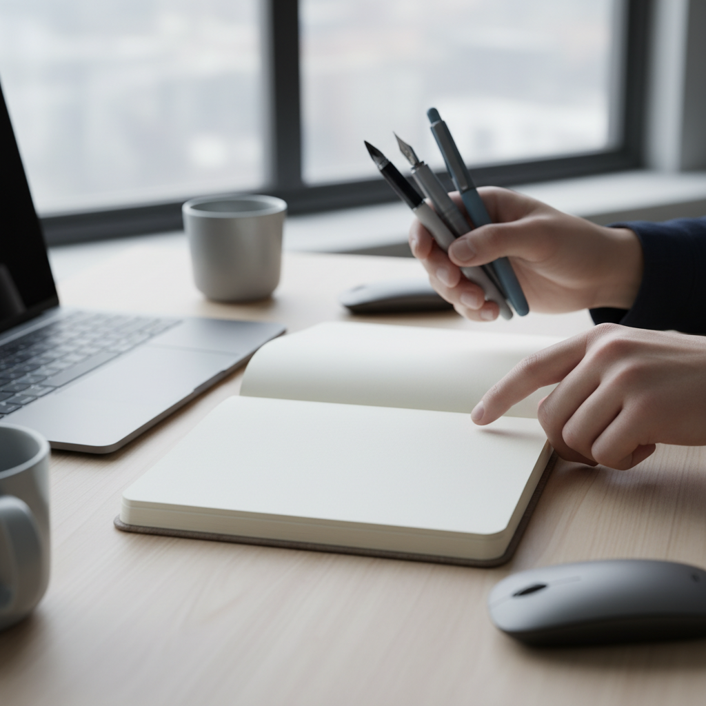 Close-up of hands with pens over a blank notebook on a clean desk, symbolizing strategic planning for a marketing automation platform for small businesses.
