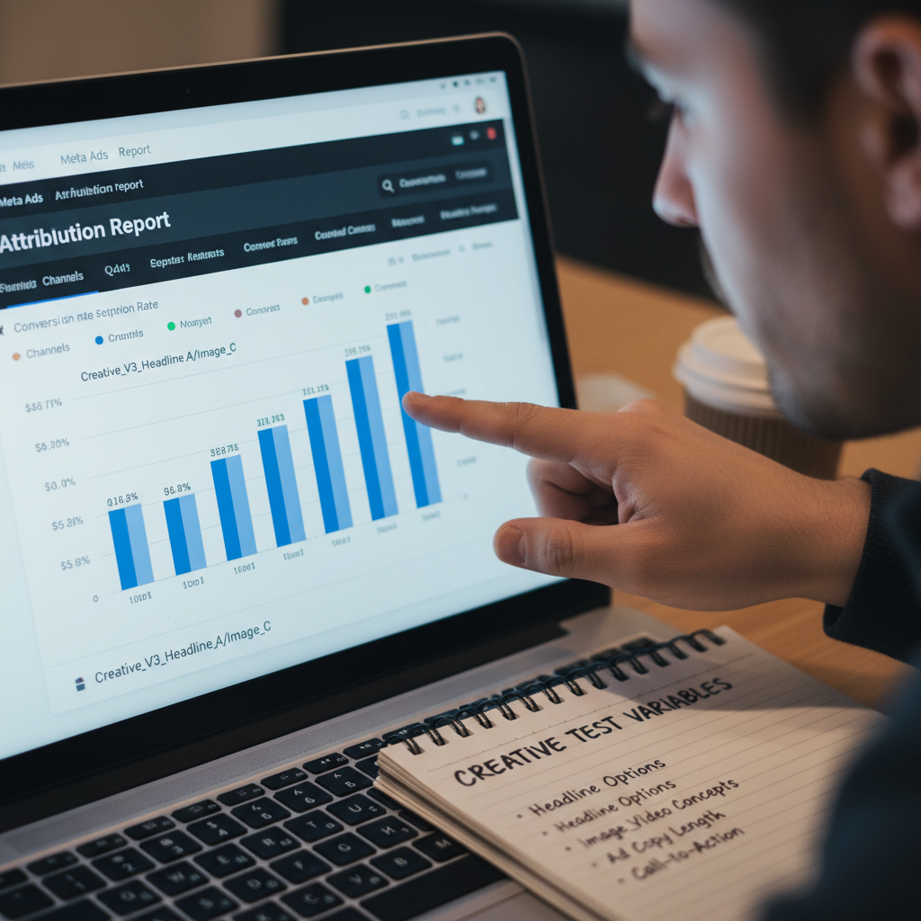 A close-up of a laptop screen showing an attribution report, with a hand pointing to creative performance data, crucial for beginners following a meta ads creative testing playbook