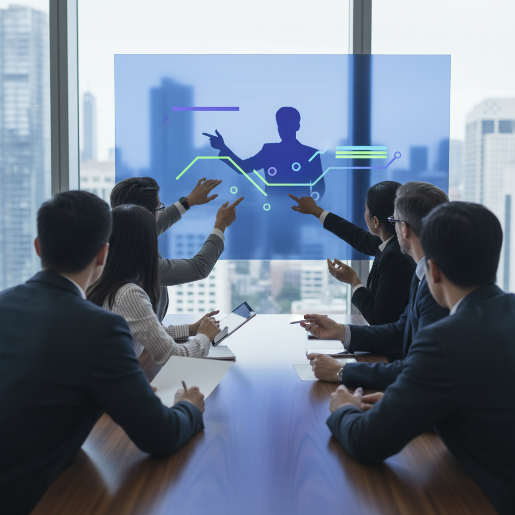 A diverse team from a SaaS marketing firm collaborates around a table, hands gesturing over a large display, embodying strategic planning for growth.