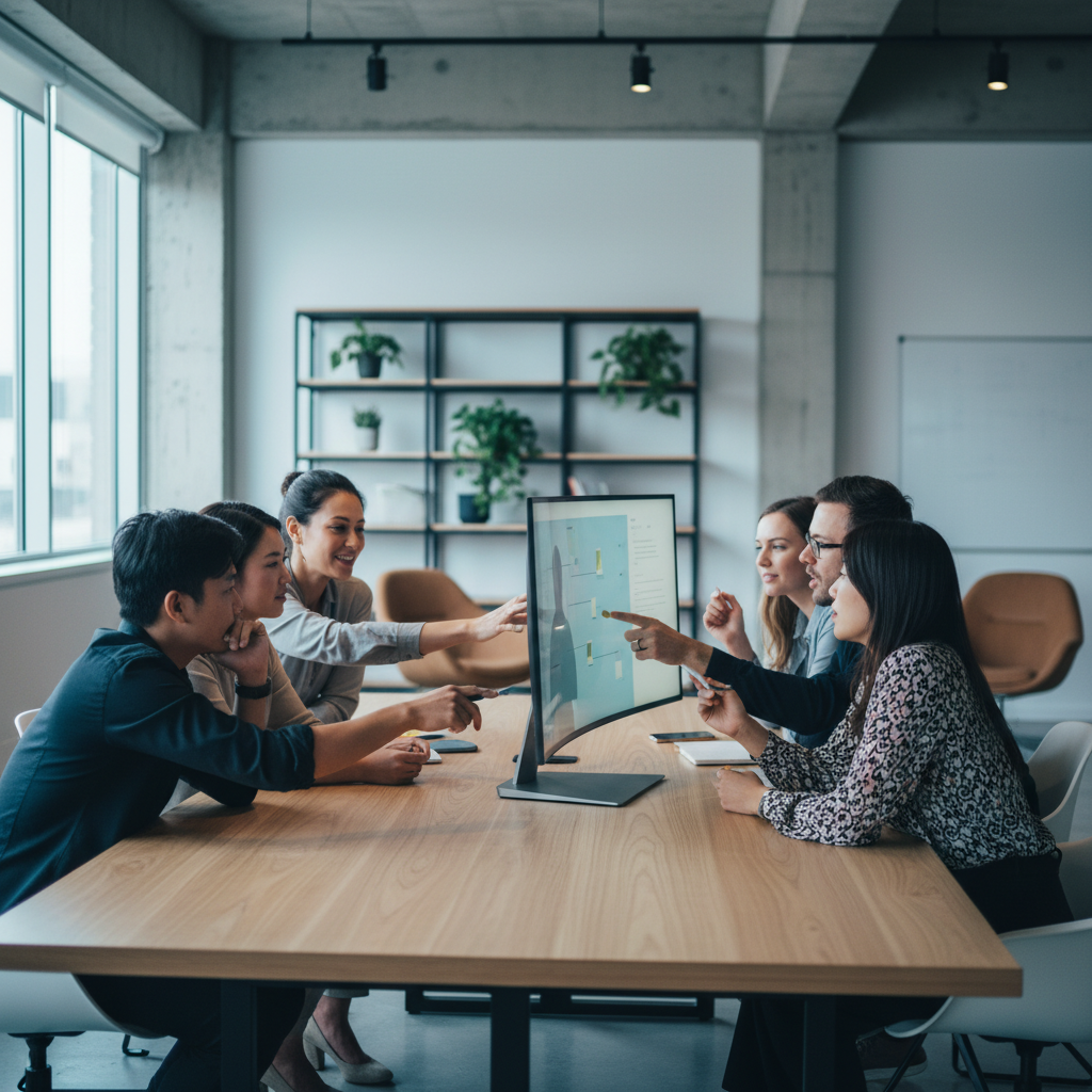 A specialized SaaS marketing firm's growth team collaborates around a large display, planning strategies in a modern office with cool natural daylight. The image captures the essen
