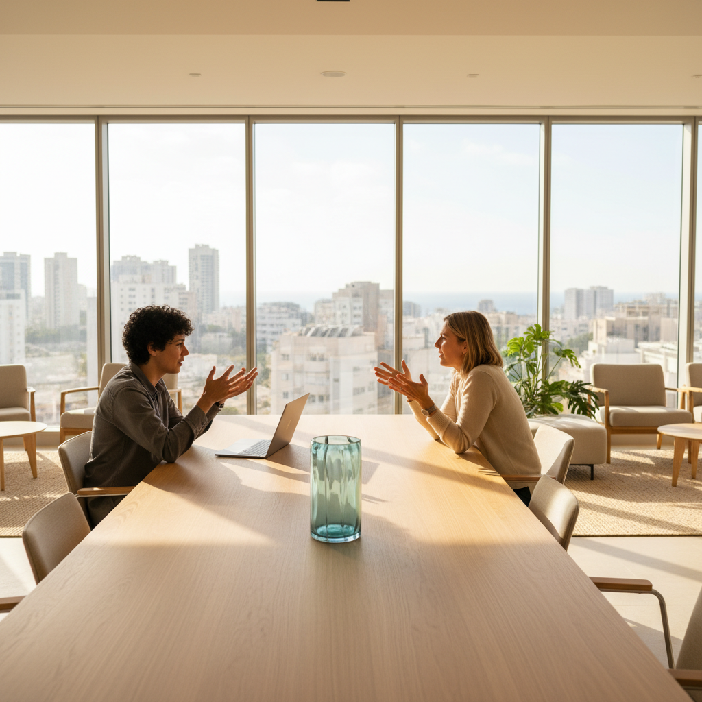 Two professionals in a Tel Aviv tech office discussing בינה מלאכותית בחינוך 2026 עדכון מחירים, with hands gesturing over a laptop on a modern wooden table bathed in natural light.