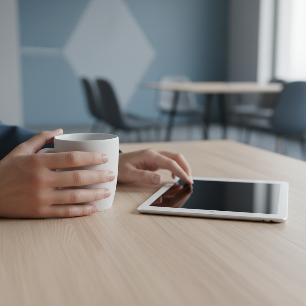Close-up of hands holding a coffee cup next to a tablet, representing the integration of בינה מלאכותית בחינוך 2026 עדכון מחירים into daily professional life within a modern office 