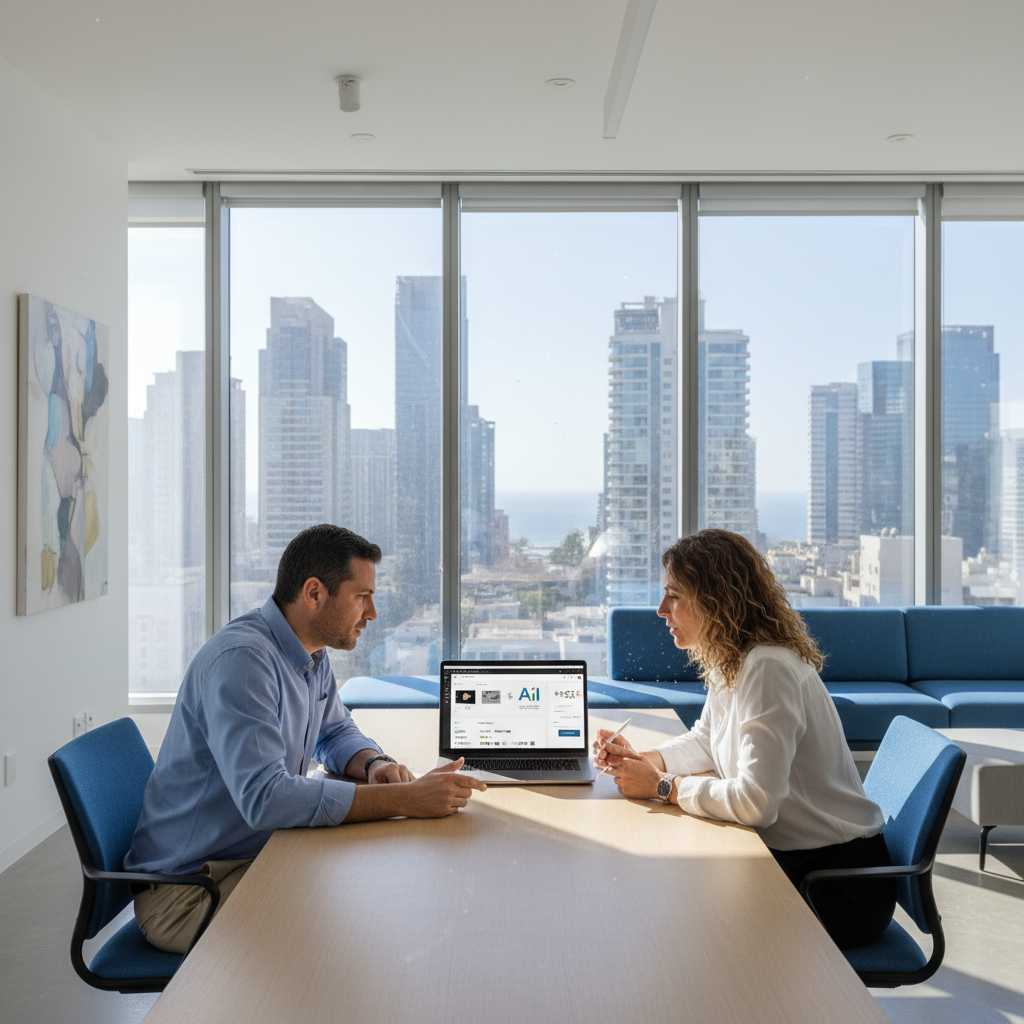 Two Israeli business owners in a bright Tel Aviv office discussing pricing updates for כלי ai לעיצוב גרפי 2026 עדכון מחירים on a laptop.