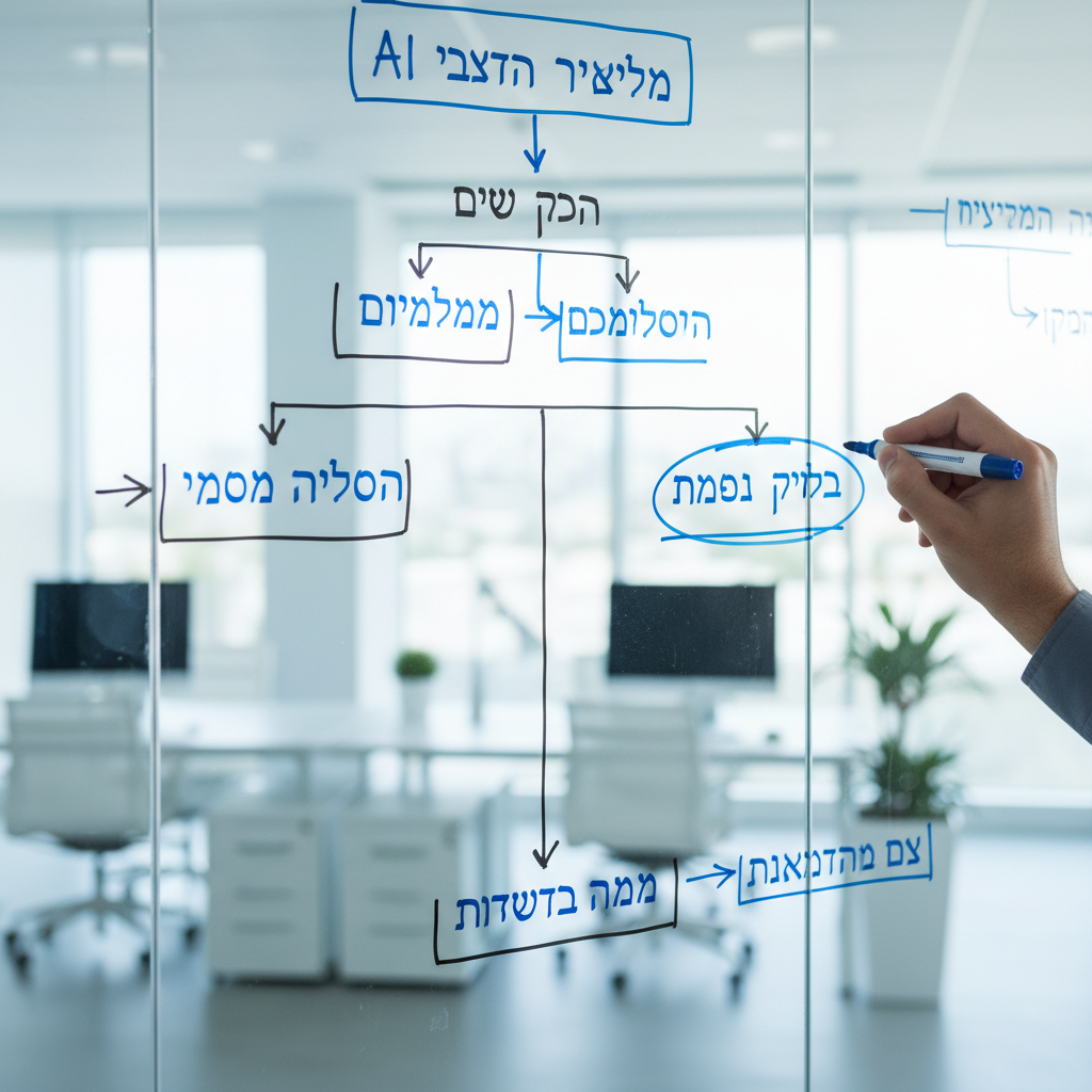 A hand pointing to Hebrew workflow diagrams on a whiteboard, detailing smart choices and pricing updates for כלי ai לעיצוב גרפי 2026 עדכון מחירים.