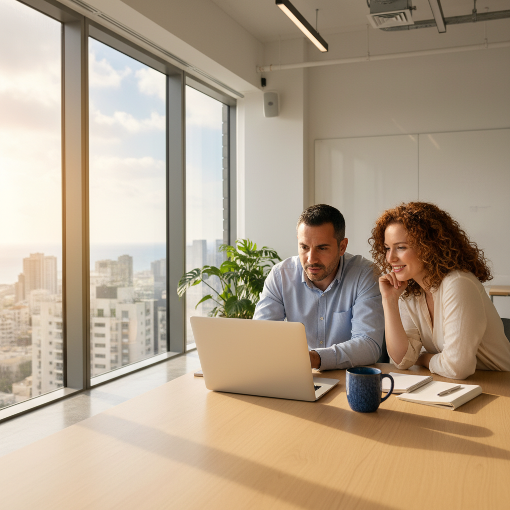 שני בעלי עסקים ישראלים דנים באוטומציה של תהליכי מכירה עם AI 2026, יושבים במשרד מודרני בתל אביב עם אור טבעי.